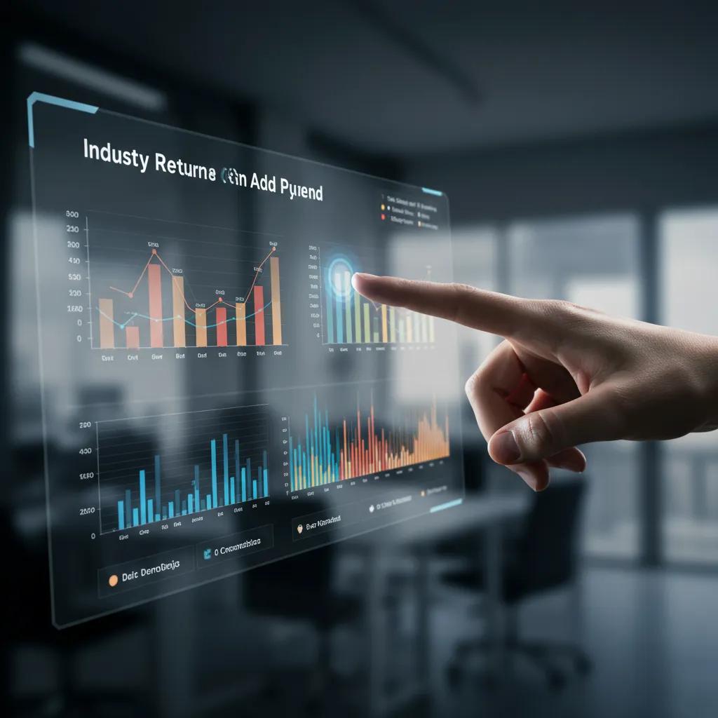 Close-up of a hand pointing at a digital screen displaying industry benchmarks for return on ad spend