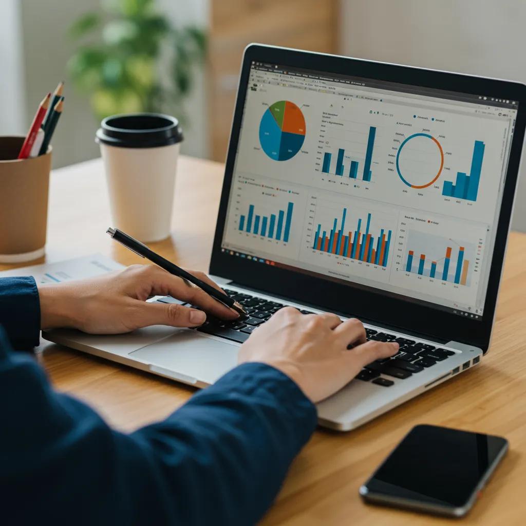 Digital marketing professional analyzing advertising performance metrics on a laptop in a modern office